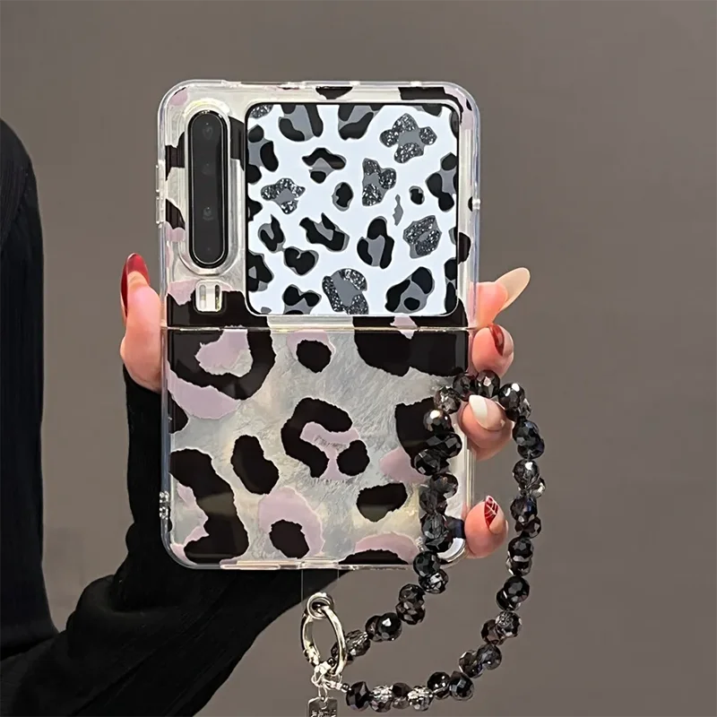 Cool Silver Black Leopard Print Acrylic Phone Case For Samsung Galaxy Z Flip7 Z Flip6 Z Flip5 / Xiaomi Mix Flip 2 &Crystal Chain