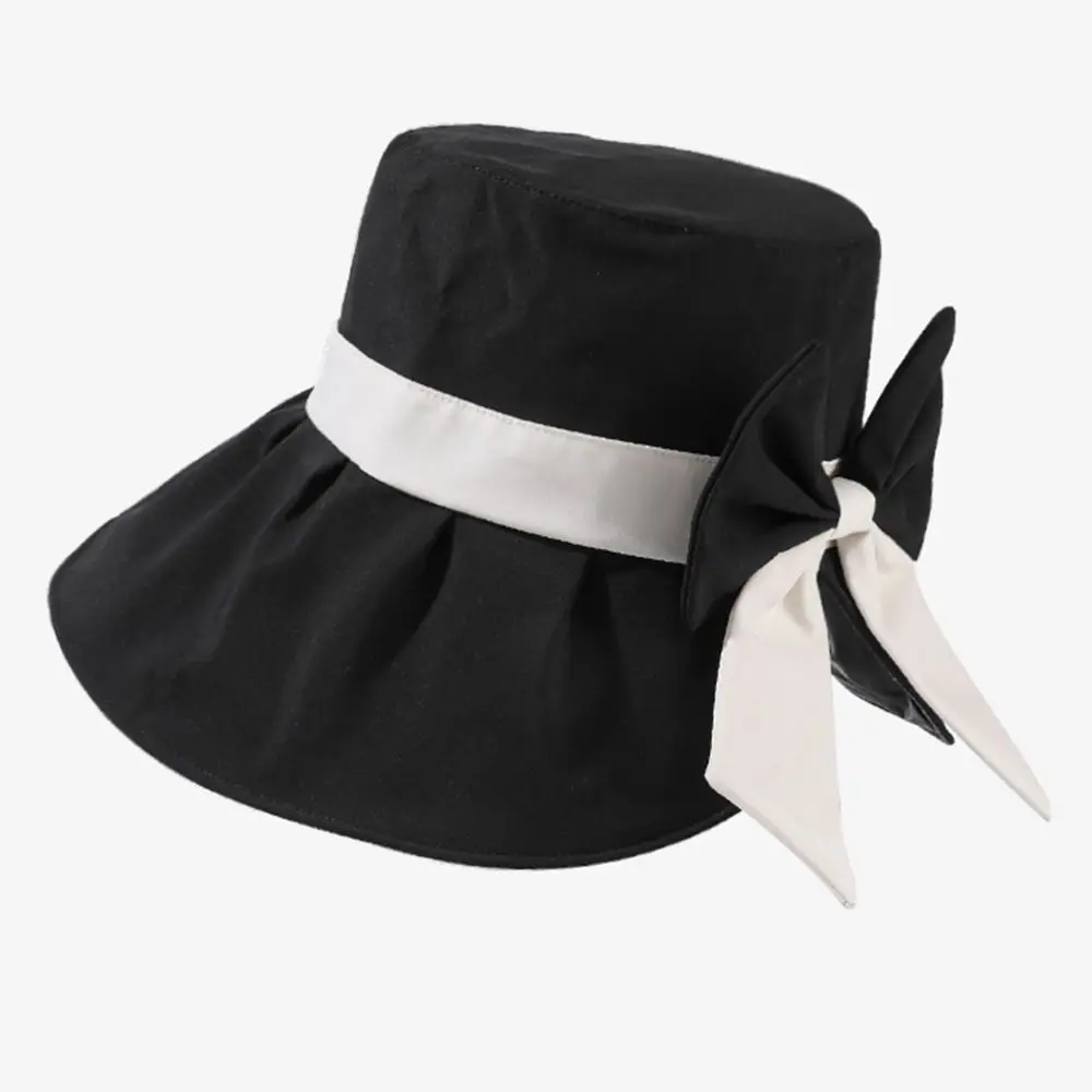 Chapéu de pescador com laço elegante, dobrável, proteção UV, verão, aba larga, estilo coreano, leve, praia, balde, viagem