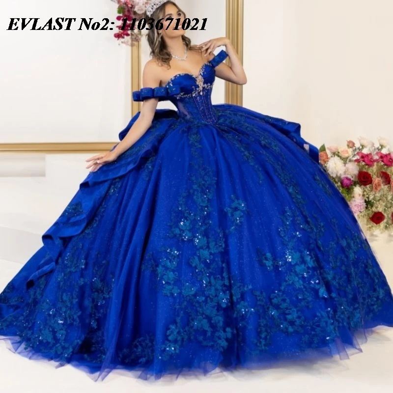 

EVLAST Customized Royal Blue Quinceanera Dress Ball Gown Sequins Applique Crystal Beaded Sweet 16 Vestidos 15 Anos E2QA162