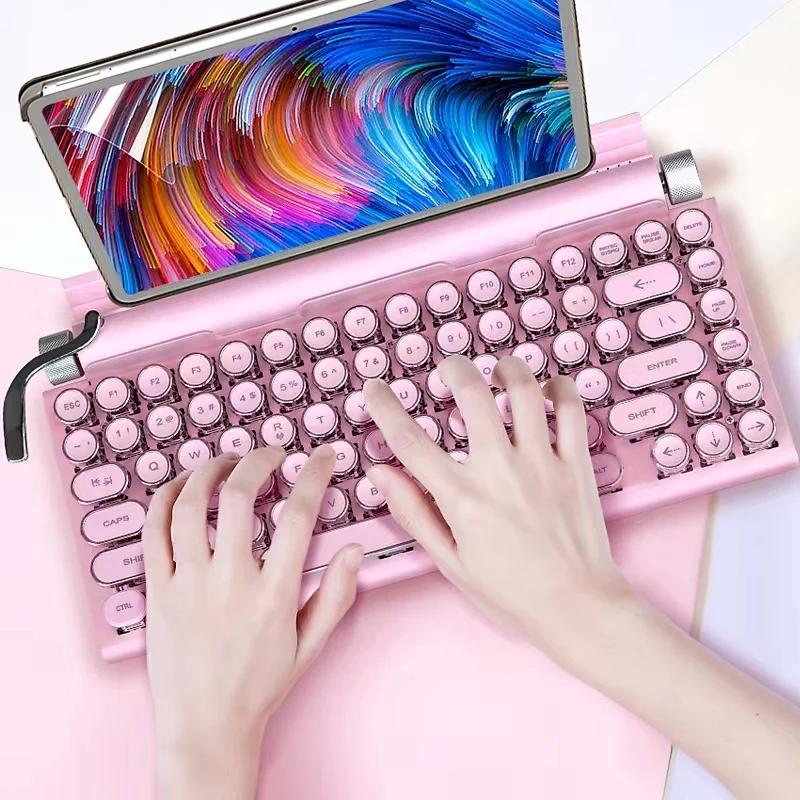 Retro Sakura Pink Typewriter Bluetooth Keyboard  Steam Punk Dot Green Switches White Backlight Wireless Mechanical Keyboard