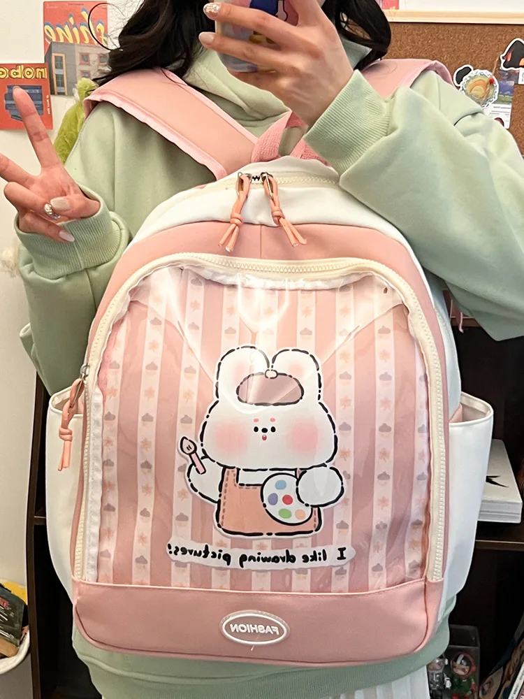 Mochila escolar grande para niña, bolsa Kawaii Ita con placa de inserción, rosa, dos bolsillos transparentes para exhibición de pines, novedad de 2024