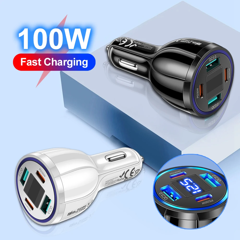 100W Car Charger 4 USB Ports Fast Charging with Digital Display Quick Charging Adapter for iPhone Samsung Xiaomi Type C Charger