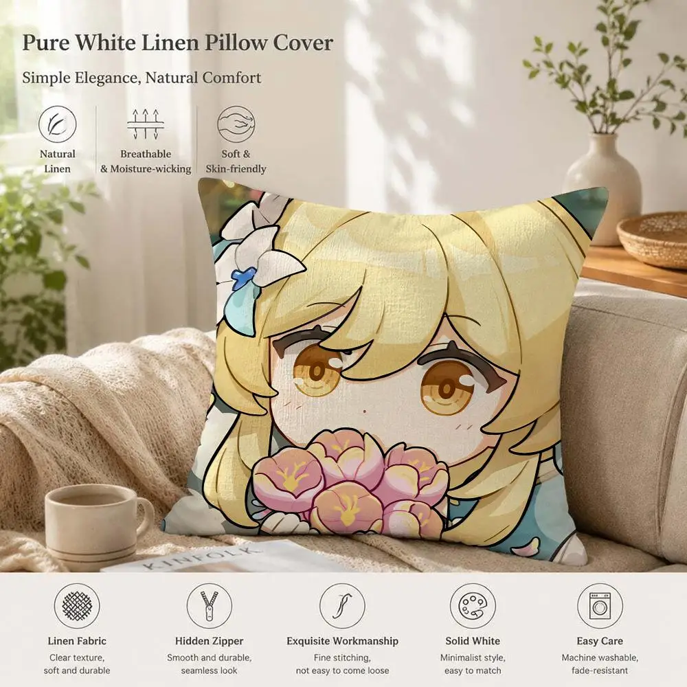 Lumine Cute Genshin Game Cushion Cover 1/4PCS Linen Sofa Couch Bedroom Living Room Home Office Decor Pillow Case