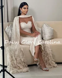 Elegant V Neck Evening Dresses Ankle Length Strapless Prom Dresses Feather Wedding Party Dress Saudi Arabia Women Formal Dress