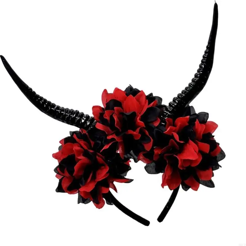 M6CD Halloween Antelope Horn Floral Hairband voor kostuumpartijen Rollenspel Accessoire