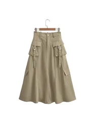 ZADATA New Women's High Waist Belted Retro Solid Color Slim Loose Casual Versatile Popular Commuting Skirt