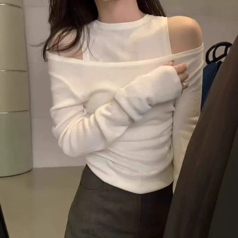 

Korean-style Women's 2025 Autumn Color-blocking Fake Two-piece Design Off-the-shoulder Casual Knitted Sweater for Women