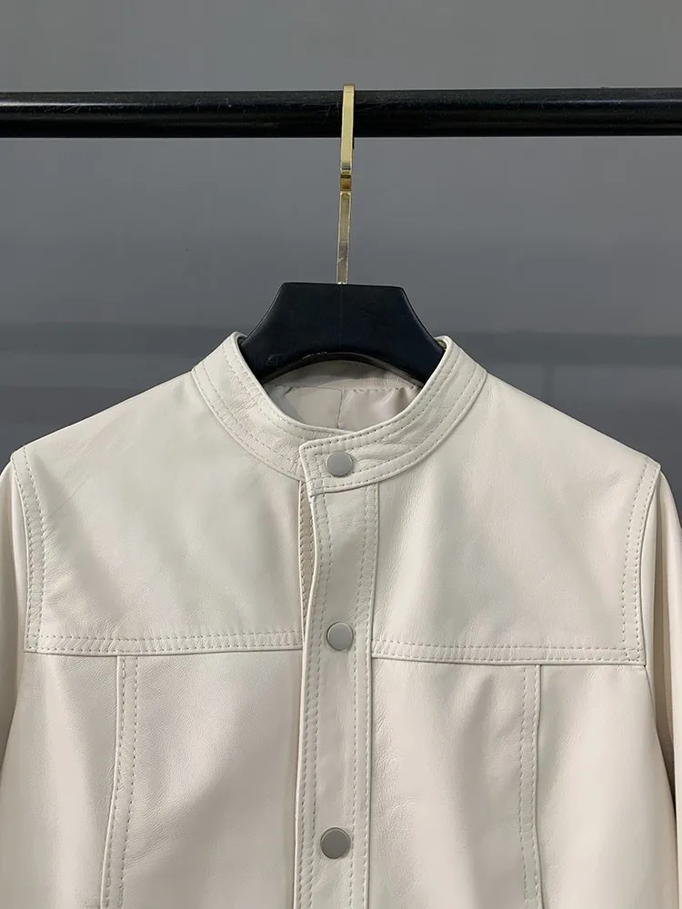 Manteau court en cuir véritable de mouton pour femme, simple boutonnage, col montant, veste de moto Vintage, mode dames, automne hiver