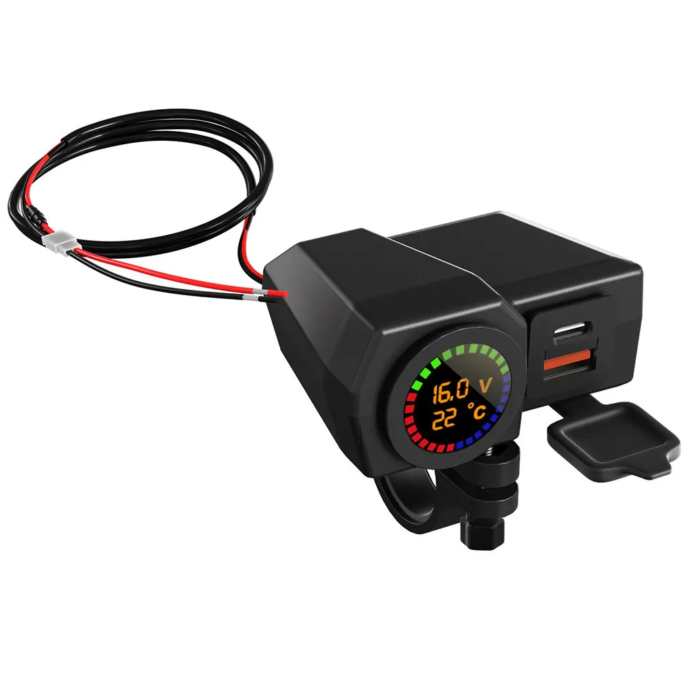 

Motorcycle Phone Charger with Color Screen Voltmeter Thermometer Dual USB Type-C Ports 70Cm Cable for Motorbike Handlebar