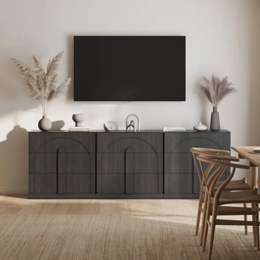 

Sideboard Cabinet with 3 Drawers, Set of 3 Modern Wood Buffet Cabinet with Arc Design, Large Fluted Sideboard with Storage for