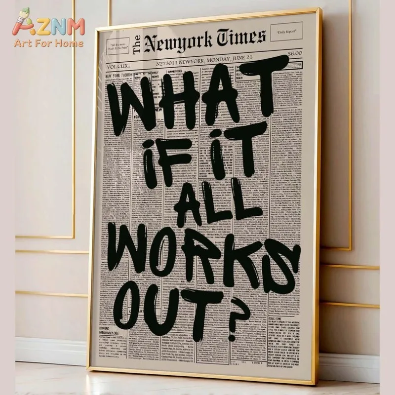 AZNM Vintage Newspaper Background Canvas Print What If It All Works Out Inspirational Text Unframed Canvas Wall Art Modern Bedro