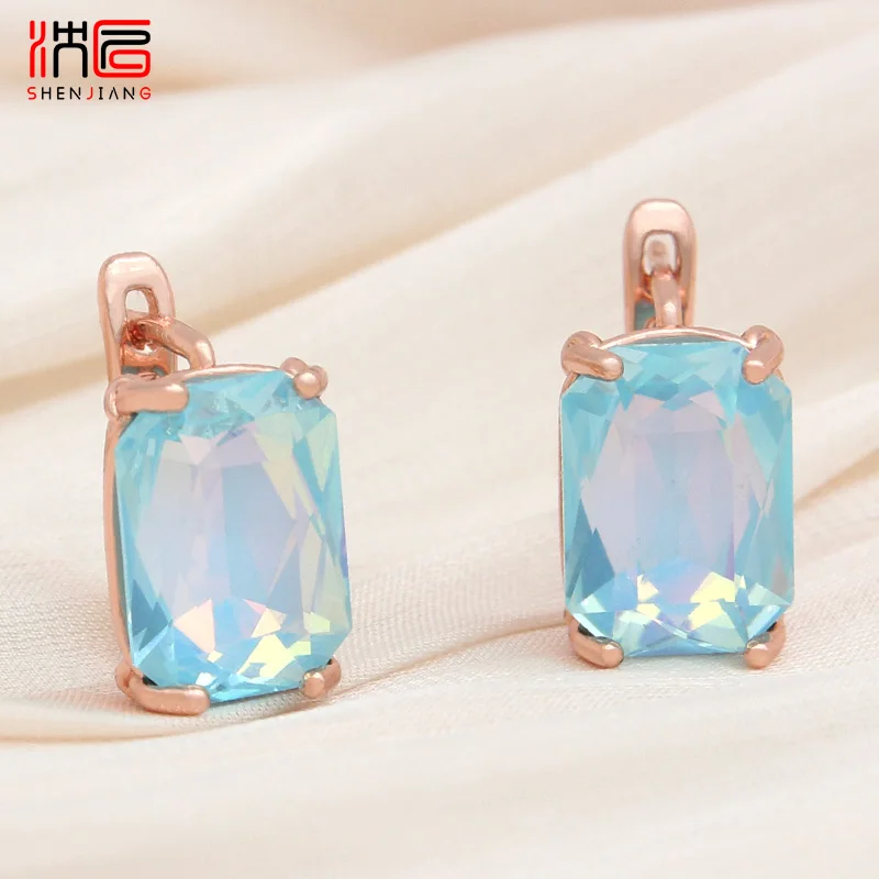 

SHENJIANG New Fashion Elegant Rectangle Crystal Dangle Earrings For Women Wedding 585 Rose Gold Color Jewelry Eardrop Gift