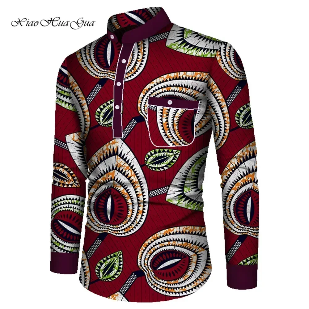 Bazin Riche Men Dashiki Shirt Traditional African Clothes for Men Long Sleeve Cotton Tops African Print Causal Shirts WYN861