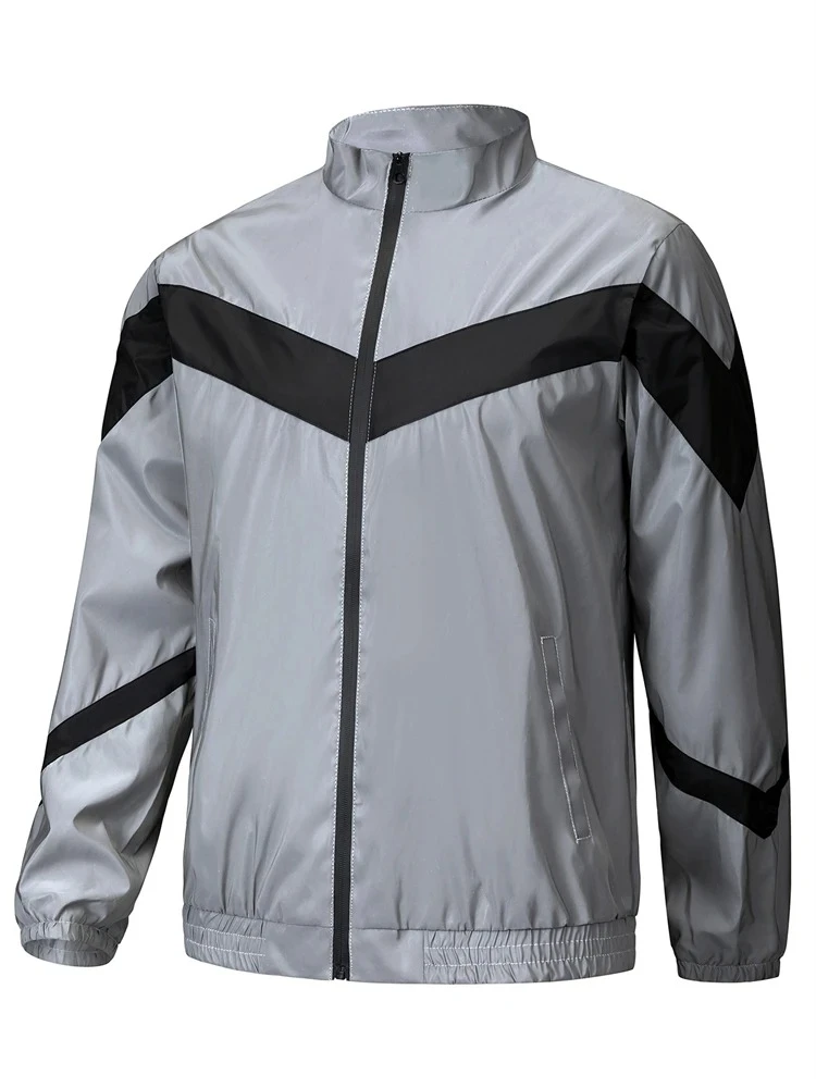 Chaqueta reflectante de noche para hombre, abrigos informales empalmados con cuello levantado a la moda, ropa de calle gris para baile Hip-hop a la moda para primavera y otoño