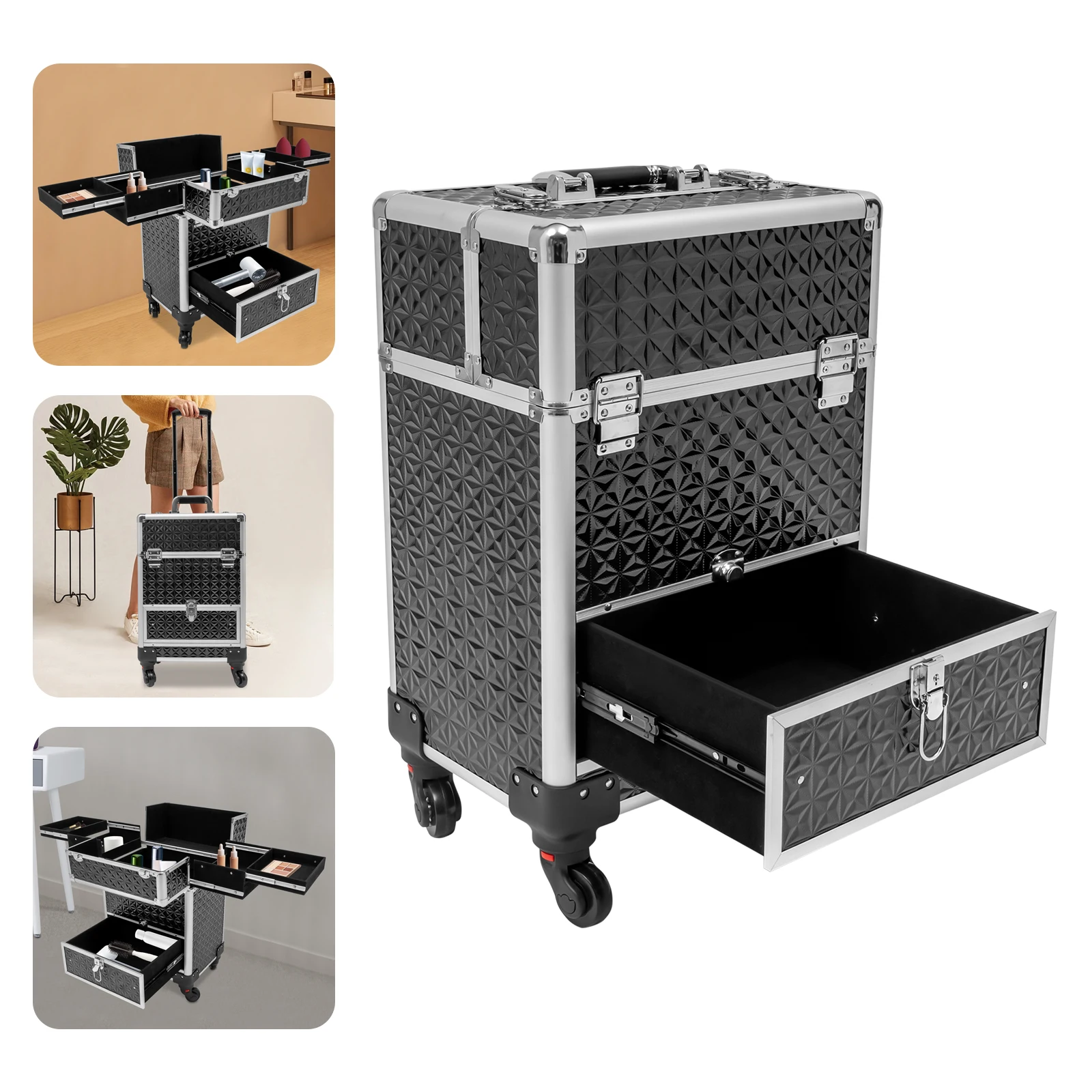 Professional Makeup Train Case Rolling Aluminum Cosmetic Case Workbench With Supporting Legs Travel Cosmetic Organizer Black