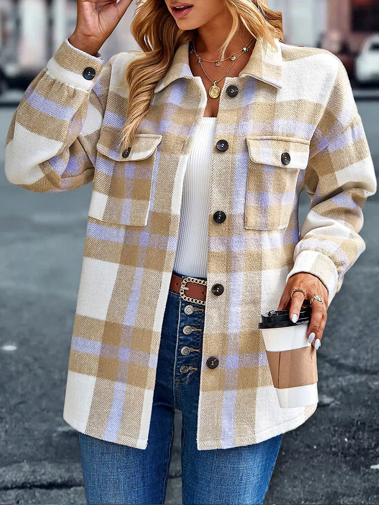 Fashion Plaid Jacket Women Autumn Winter Long Sleeve Checked Shirt Coat Female Casual Single Breasted Turn Down Collar Outwear