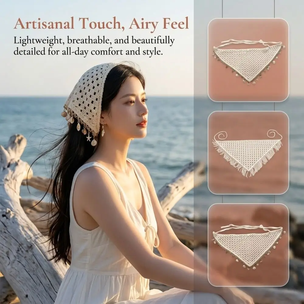 Clothes Accessory Bohemian Triangle Headscarf Knitted Hollow Out Hair Wrap Sequin Lightweight Turban Hat Vacation
