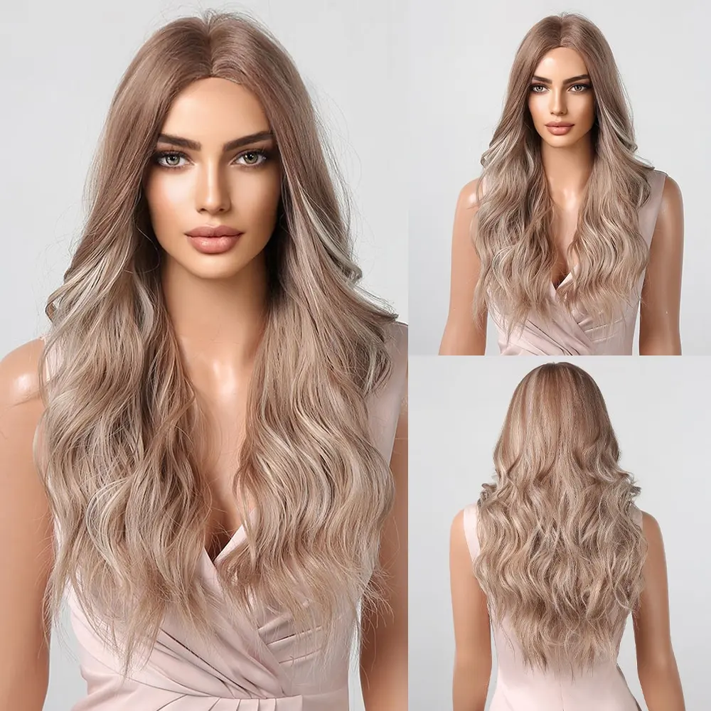 Lange gewellte Perücken, weiß, blond, braun, Wurzeln, synthetisches, natürliches Wellenhaar,
