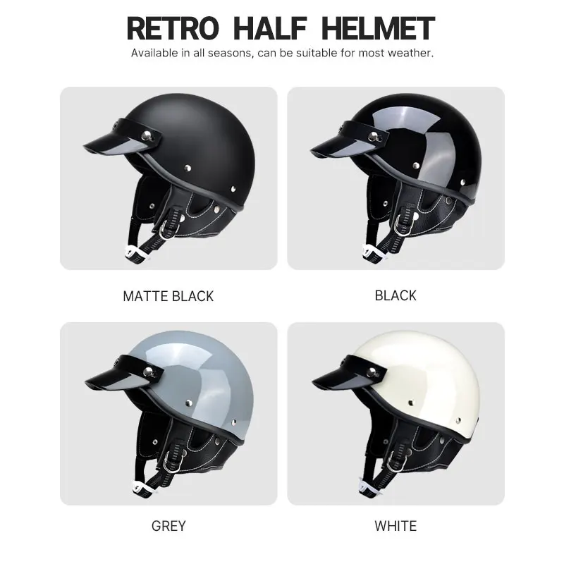 Women and Men Matt Black ABS Scooter Cruiser Half Face Motorcycle Helmet Retro 1/2 Skull Cap Four Seasons Unisex DOT Approved