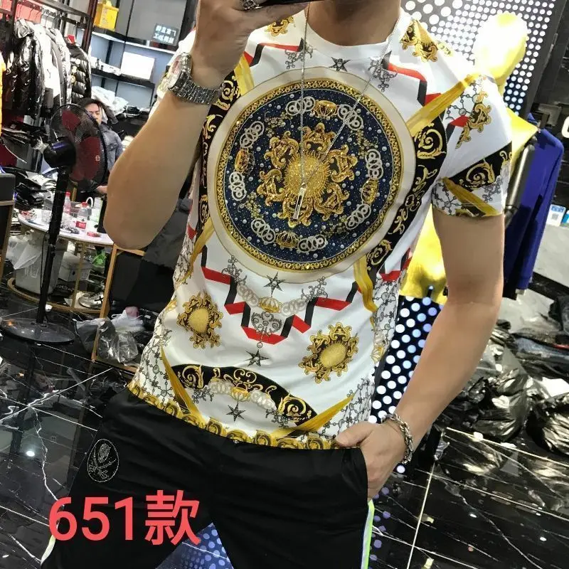 Men's summer new ice silk hot drill slim short sleeve T-shirt tide brand fashion handsome half sleeve jacket