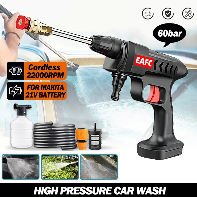 60BAR Cordless High Pressure Washer 22000RPM Rechargeable Car Wash Gun Electric Water Gun Foam Machine for Makita 18-21V Battery