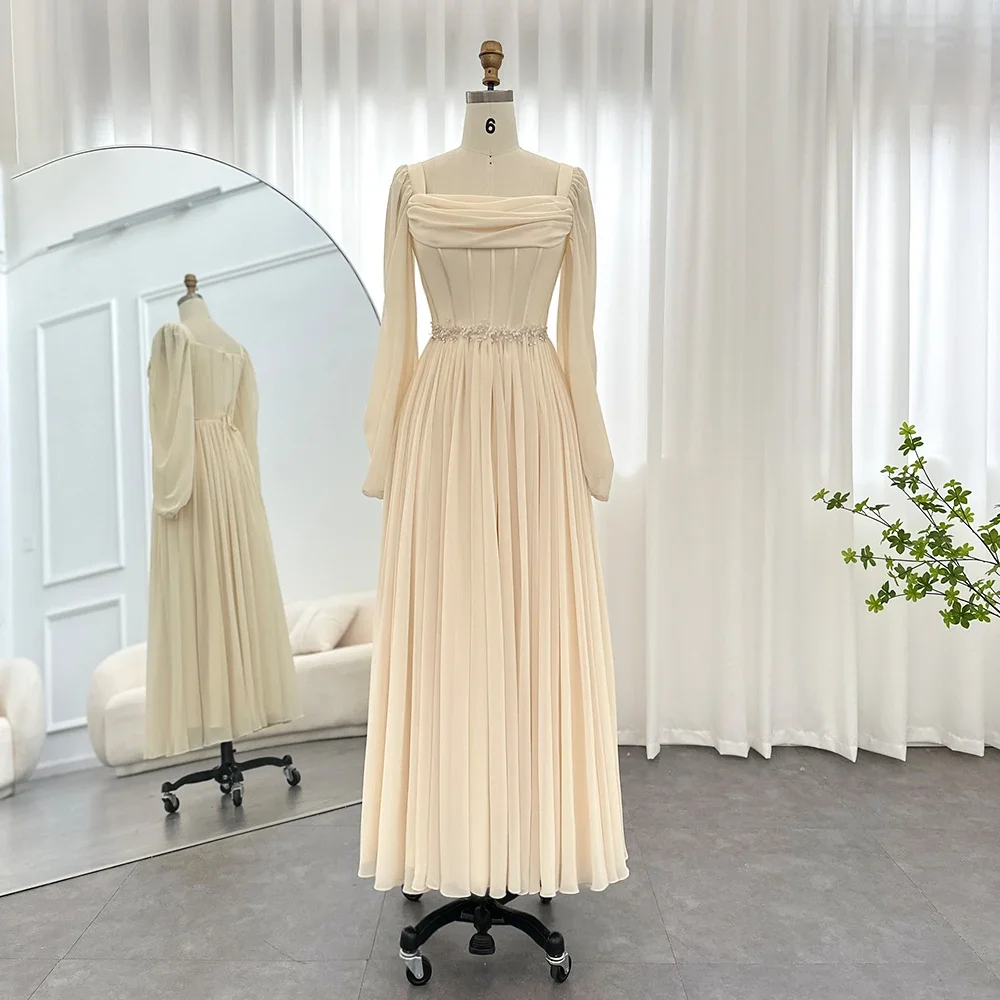 Vestido de noite curto chiffon com cinto para mulheres, comprimento chá, midi curto, vestidos de casamento formal, vestido de baile árabe, mangas compridas