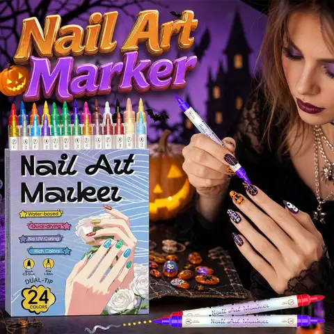 12/24 Colors Dual Tip Nail Art Pen Ultra Fine Liner Acrylic Marker Pearlescent Metallic Pigment No Curing Lamp DIY Painting Tool