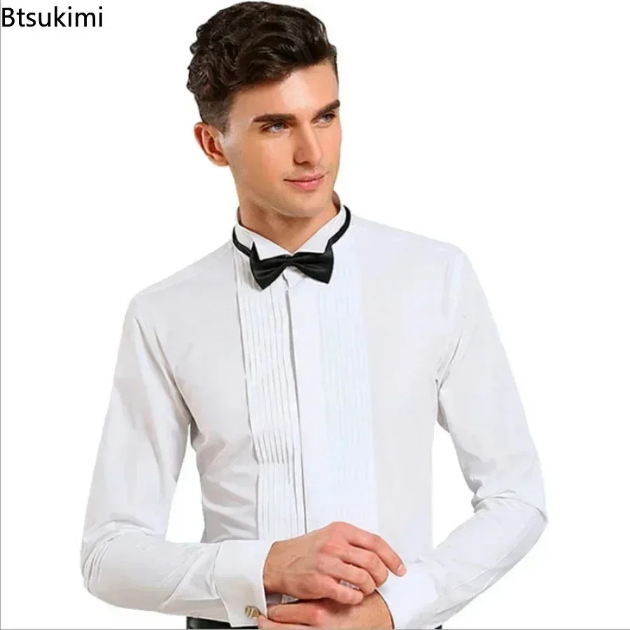 New Men\'s Wedding Party Club Dress Shirts with Bowtie Slim Fit Solid Wing Tip Collar Tuxedo Shirt Long Sleeve Male Shirts Tops