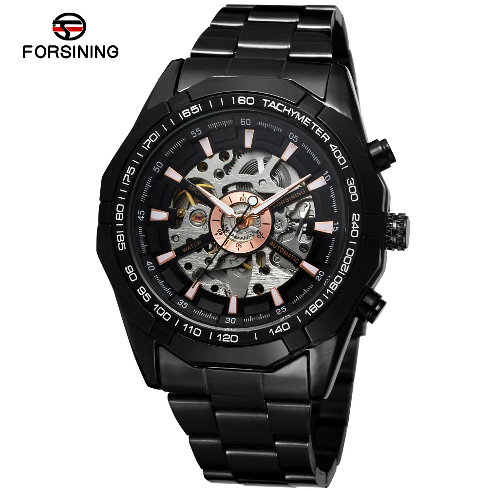 

FORSINING классические модные мужские автоматические механические часы со скелетом, светящиеся указатели, стальные спортивные полые наручные часы для деловых людей