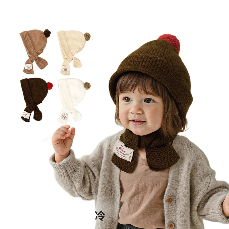 

2-6 Year Winter Baby Knit Ear Protection Hat Solid Color Woolen Earflap Cap for Kids Boy Girl Small Plush Ball Children Beanies
