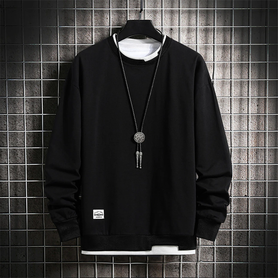 Spring Autumn Sweatshirts Men Solid Color Pullover Fashion Casual Sweatshirt Male Fake Two Pieces Fashion Design