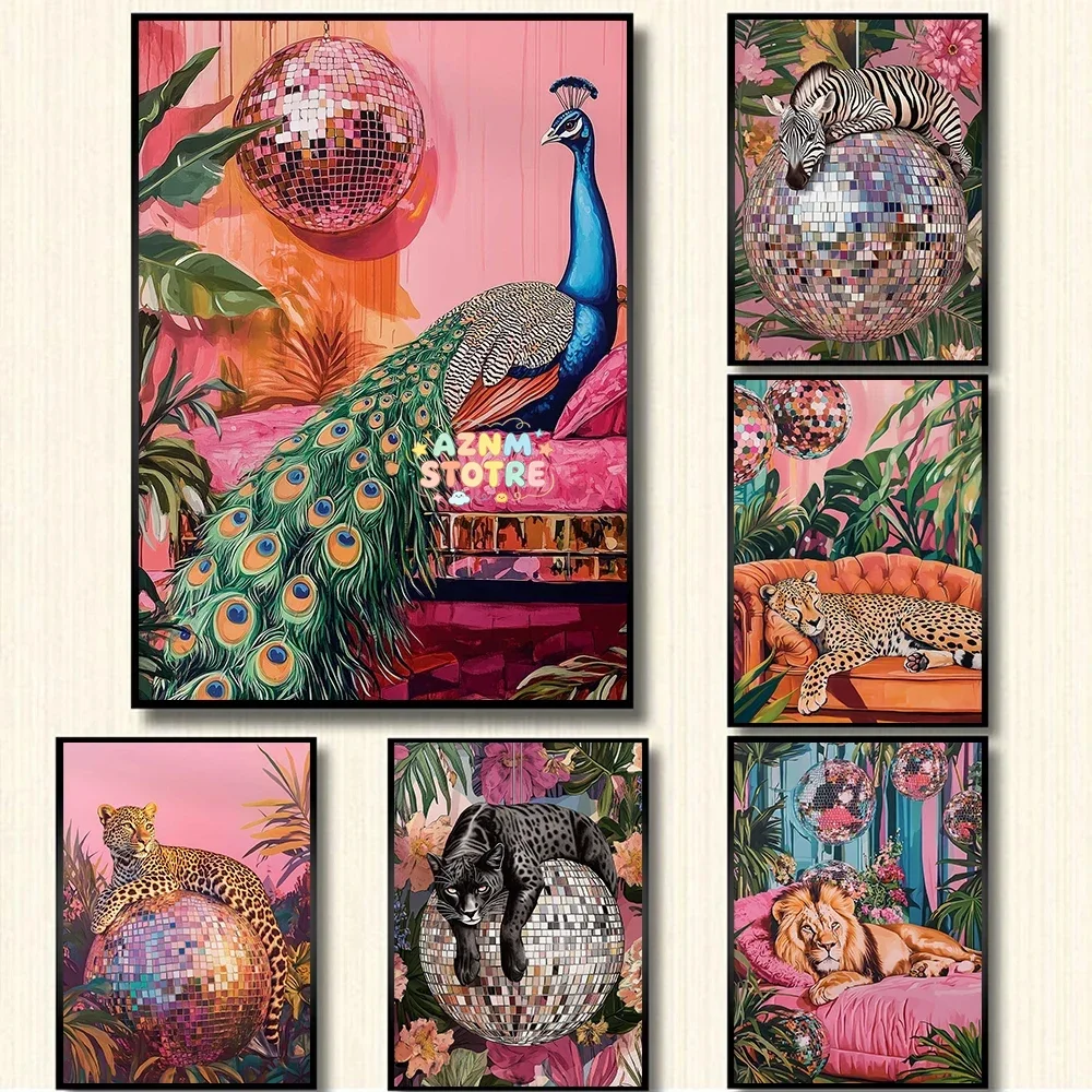 Boho Tropical Disco Ball and Noble Animals Peacock Cheetch Tiger Poster Canvas Painting Wall Art Pictures Home Bathroom Decor