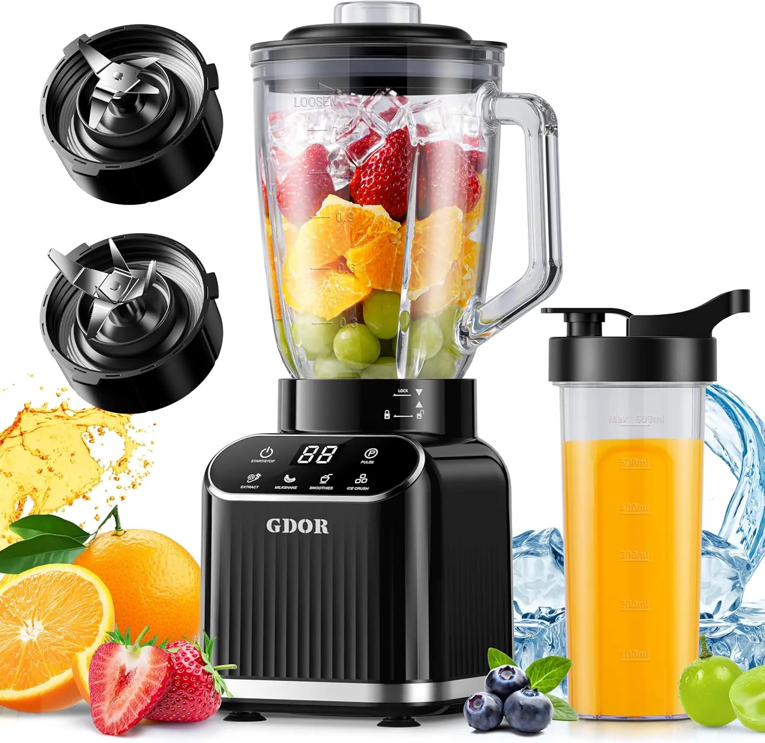 High Performance 1200W Countertop Blender with 5 Smart Programs, 52oz Glass Pitcher and 24oz Travel Cup, 6-Leaf Ice Crushing Bla