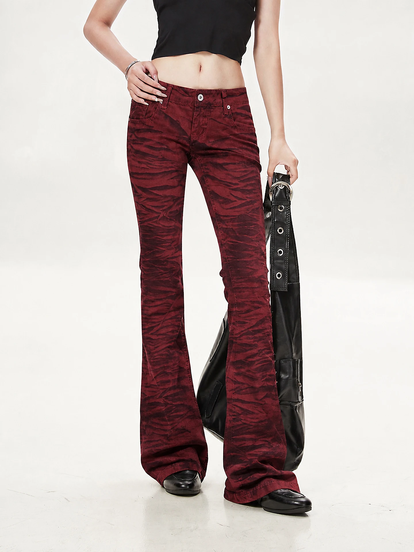 Low Waist Bell Bottom Pants Ant Y2K Red Brown Leopard Print Casual High Waist Lengthening Personality Design Floor-Length Tro...