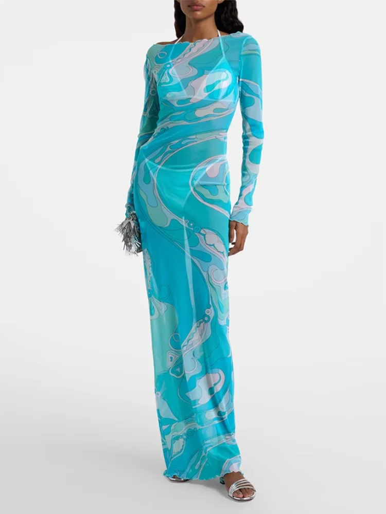Spring Summer Fashion Party Elegant Geometric Print Silk Pencil Long Dress Women's Long Sleeve High Waist Translucent Dresses