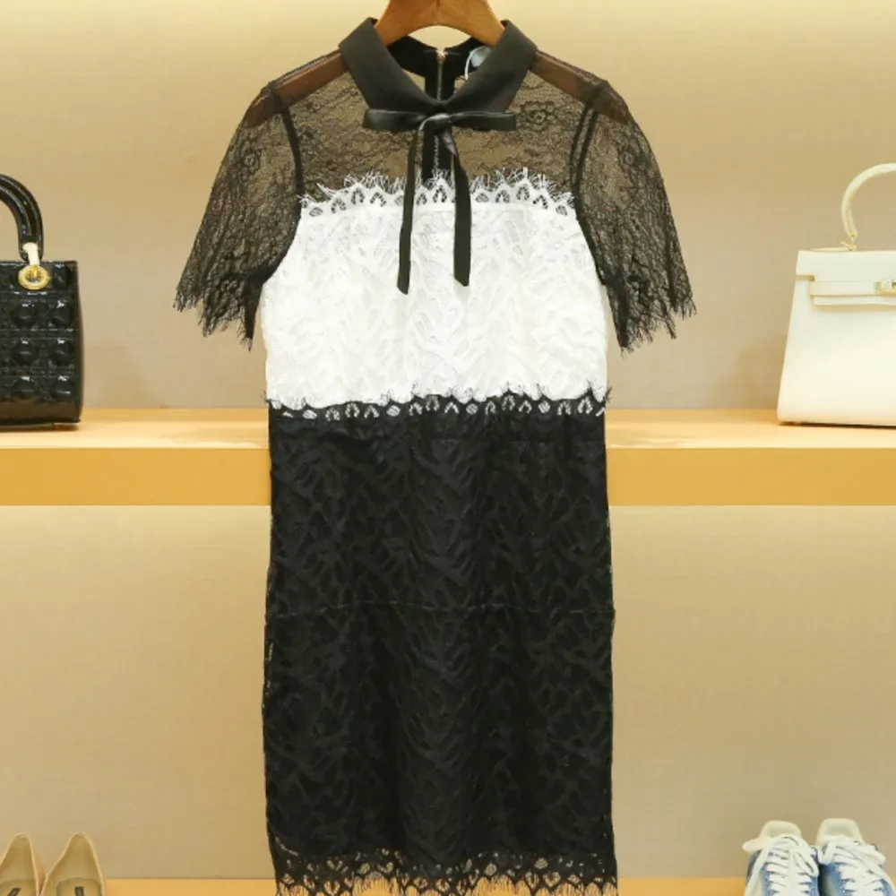 

Black and white patchwork dress women's bow lace short sleeves elegant dress