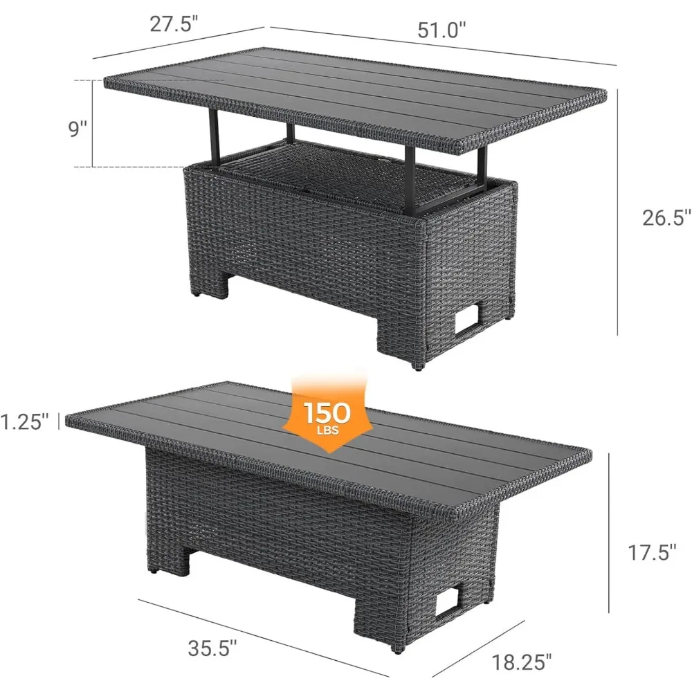 Outdoor Coffee Dining Table Wicker, Adjustable Slat Lift Top, Picnic, Storage Shelf for Backyard Lawn Balcony Deck Grey