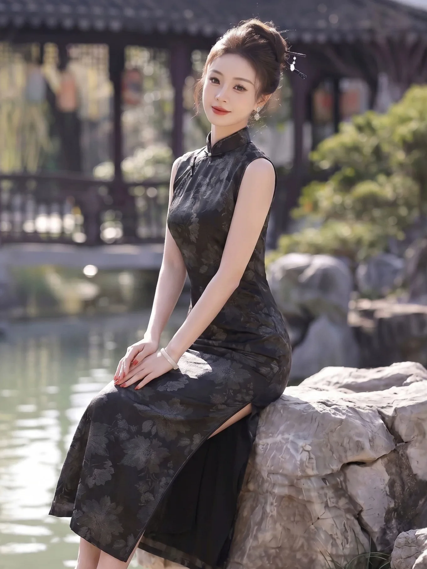 

Summer Sexy Sleeveless Black Cheongsam Chinese National Style Daily Dress Stand Collar Qipao