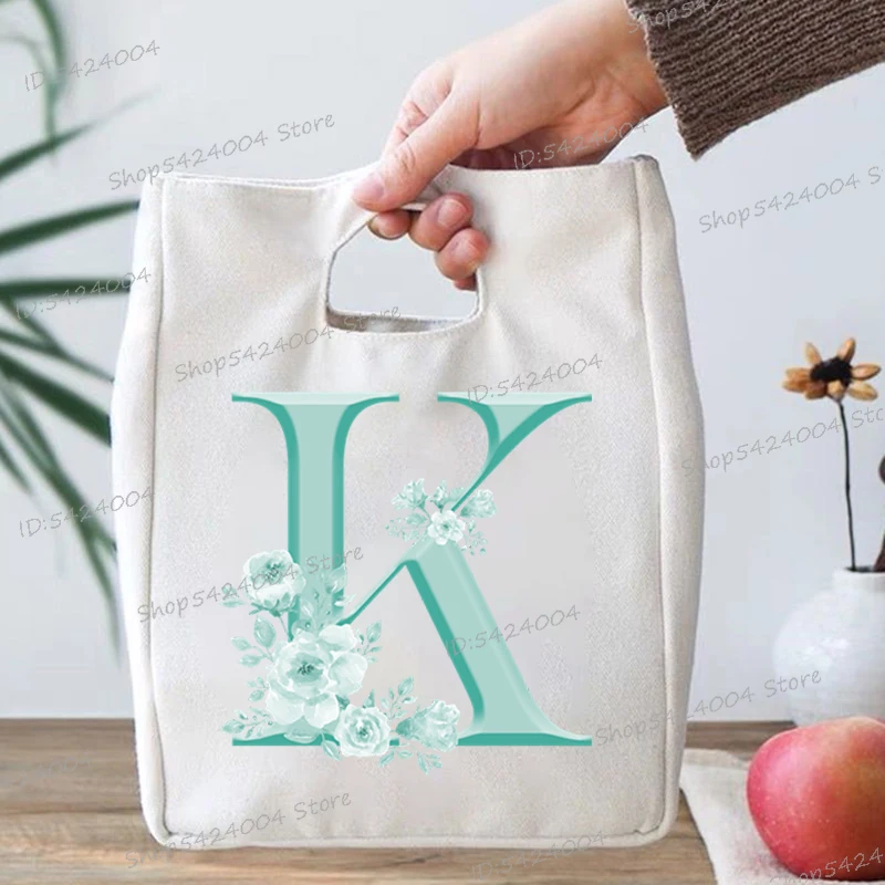 Student School Lunch Bags Letter K Floral Monogram Fashion Print Portable Bento Bags Girls Boys 26 Initials Flowers Food Bags