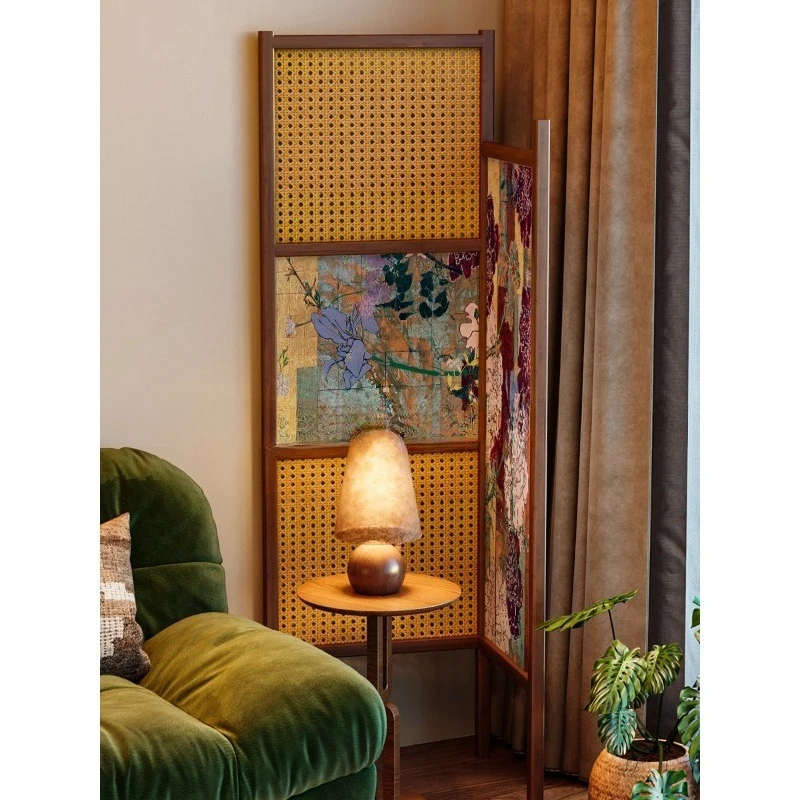 French medieval light luxury rattan screen partition, folding mobile sofa corner background