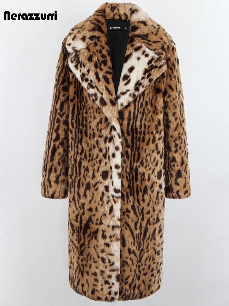 

Nerazzurri Winter Long Loose Luxury Thick Warm Soft Fluffy Leopard Print Faux Fur Coat Women Lapel Runway European Fashion 2022