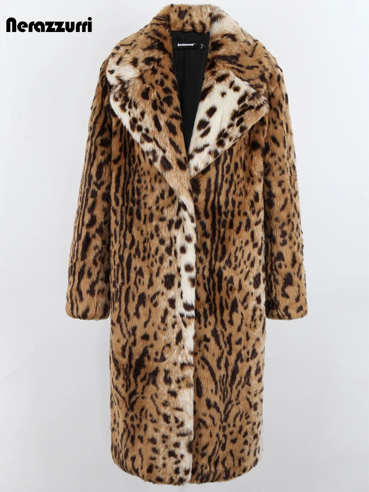 Nerazzurri Winter Long Loose Luxury Thick Warm Soft Fluffy Leopard Print Faux Fur Coat Women Lapel Runway European Fashion 2022