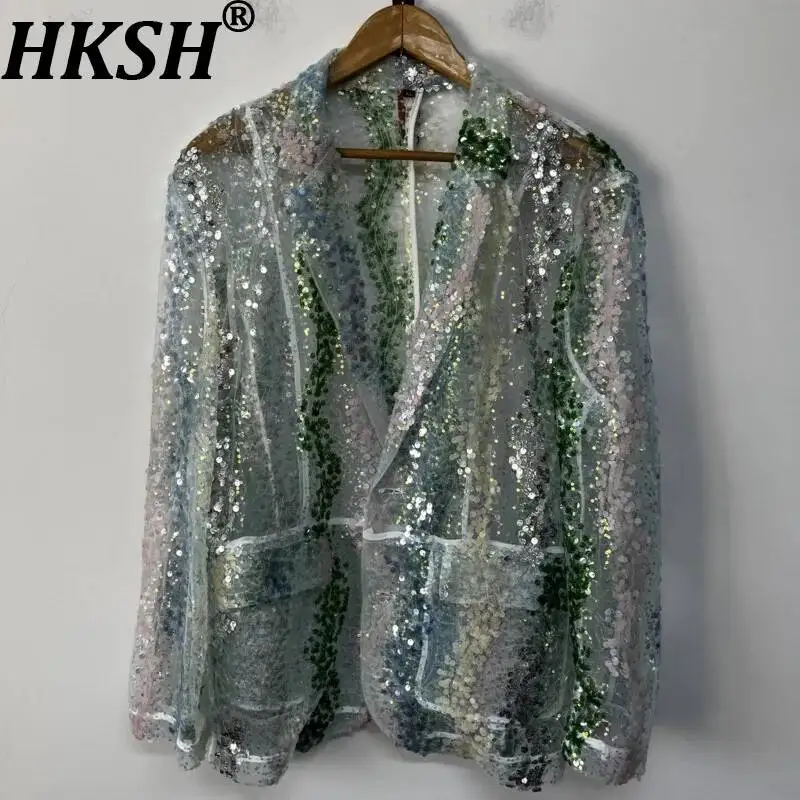 

HKSH Spring Autumn New Men's Tide Chic Ins Sequined Mesh Design Blazer Fashion Casual Jacket Light Luxury Niche Y2K Coat HK24776