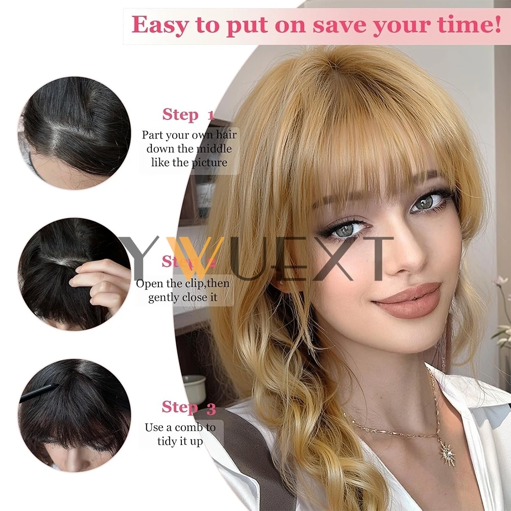 Frangia bionda per capelli umani 3 clip in nero con frangia taglio smussato Pezzo di capelli con frangia bionda nera naturale 8" Clip nelle estensioni dei capelli