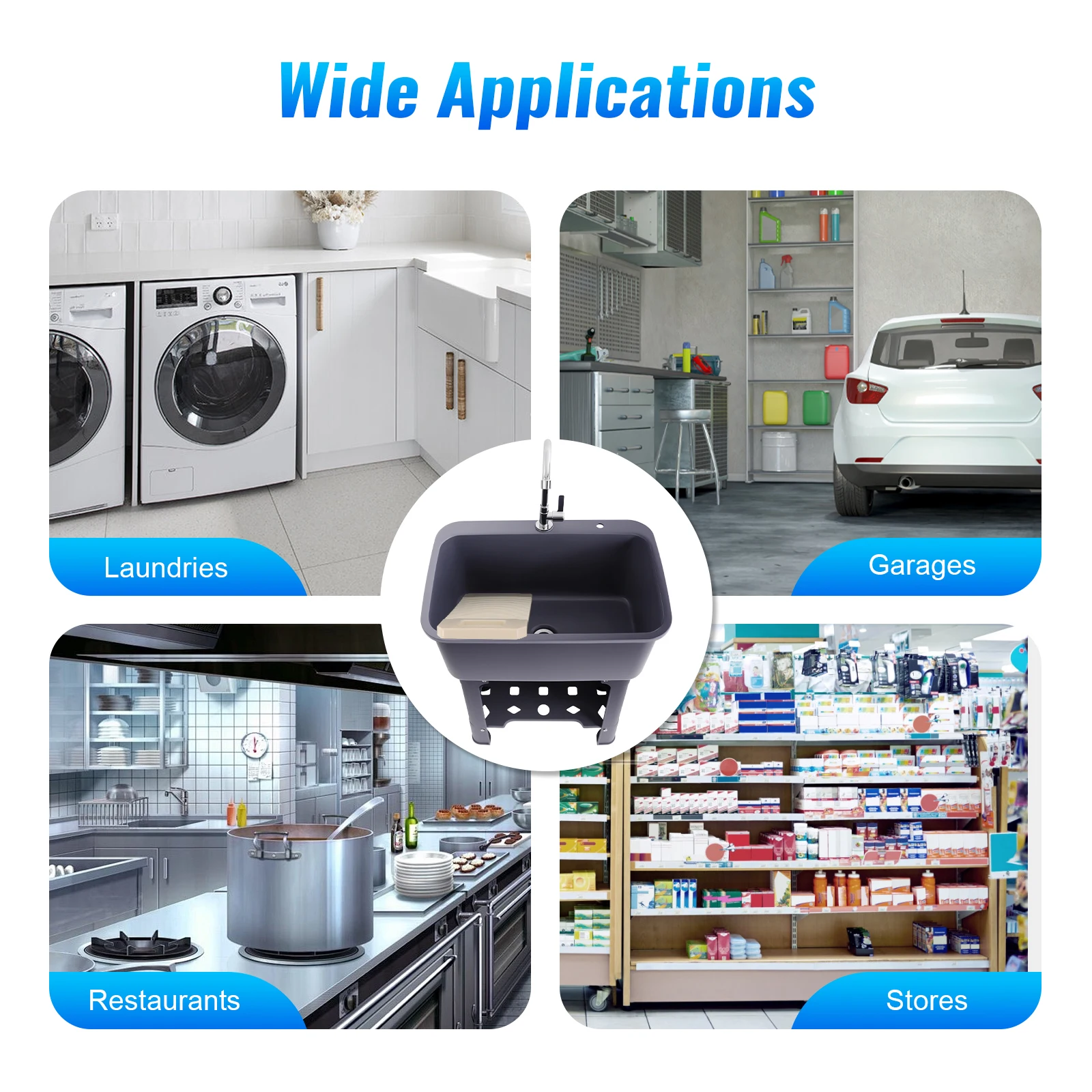 حوض غسيل قائم بذاته مع صنبور، حوض غسيل كبير سعة 48 لتر، حوض PP رمادي/أسود لغرفة الغسيل، المرآب، المطبخ