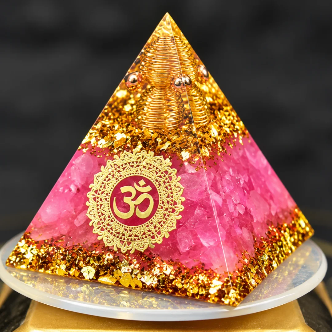 Orgonite Pyramid OM Symbol Mandala Pink Crystal Chips Gold Foil Copper Spiral Generator Resin Home Desk Decor Spiritual Gift