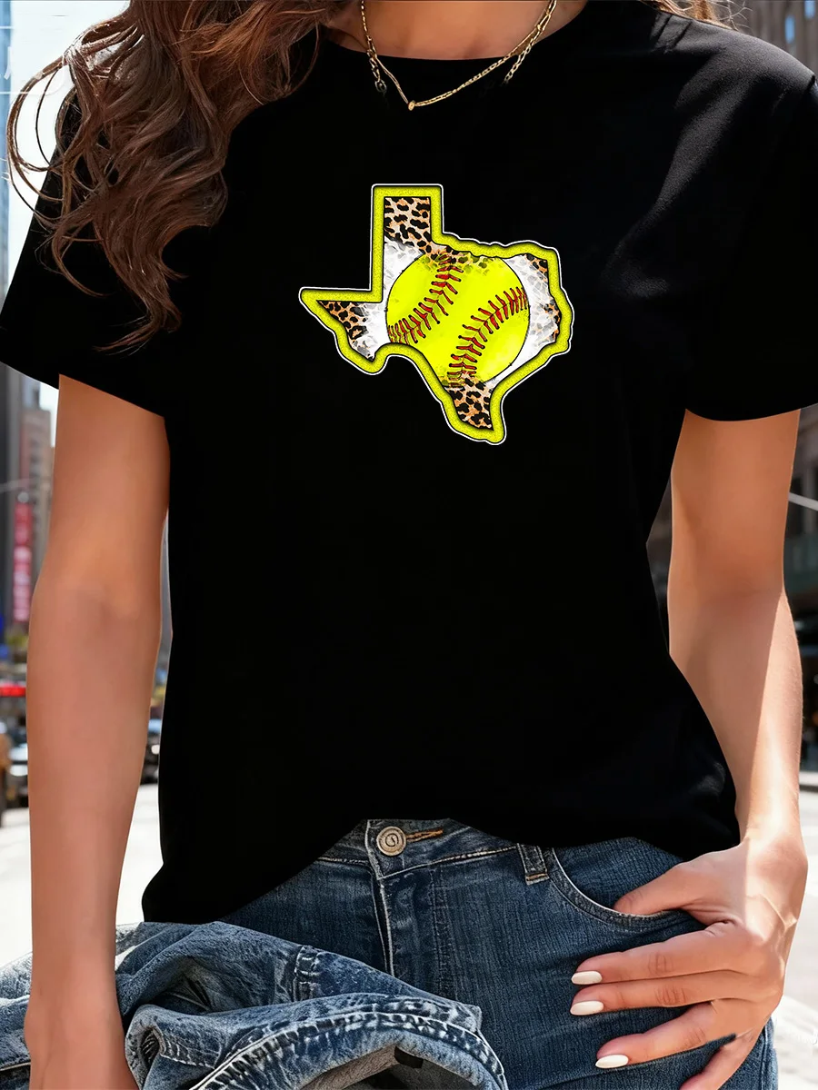 

Black Short Sleeve T-Shirt with Texas State Outline Leopard Print and Yellow Softball Graphic