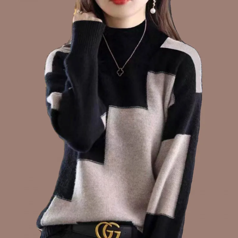

Women Pullovers Sweaters Mock Neck Full Sleeve Jumpers Y2k Streetwear Elegant Splice Knit Slim Fit Casual Autumn Winter 2025