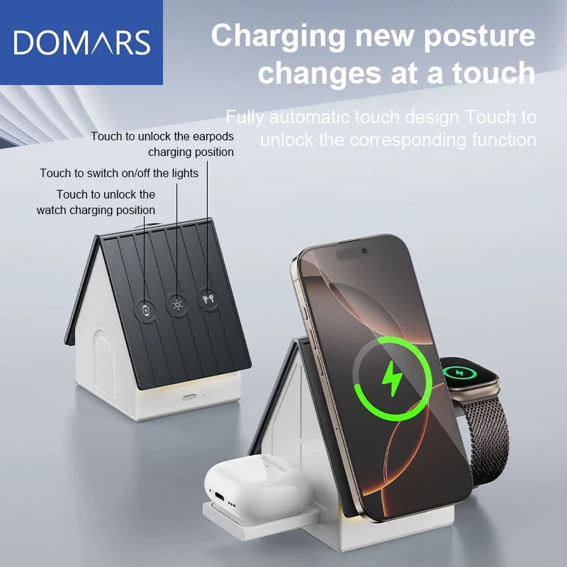 

Многофункциональное беспроводное зарядное устройство Domars All-Touch 3-в-1, магнитная подставка для зарядки телефона для iPhone 16/15/14/13 Pro и часов
