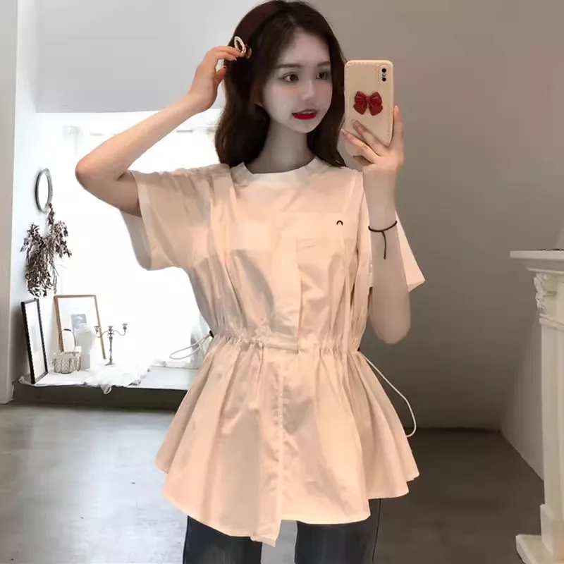 

Fat mm Short Sleeved T-shirt for Women in Summer Versatile Waist up Slimming Belly Covering Two Pieces of Age Reducing Fake top